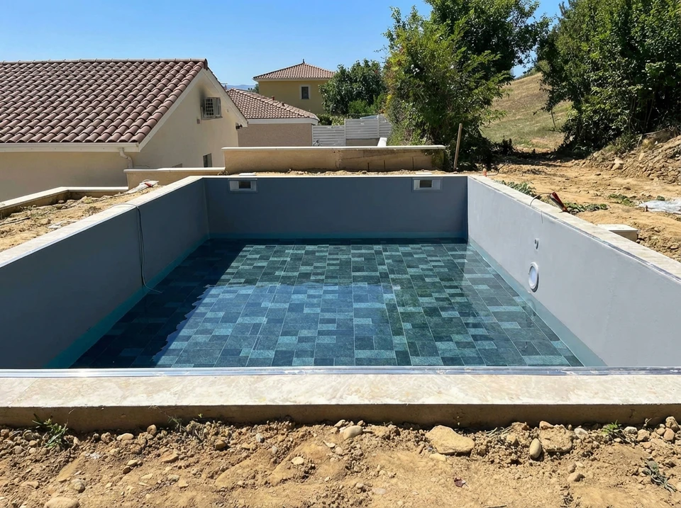 Piscine rectangulaire en cours de construction, extérieur, sans personnage