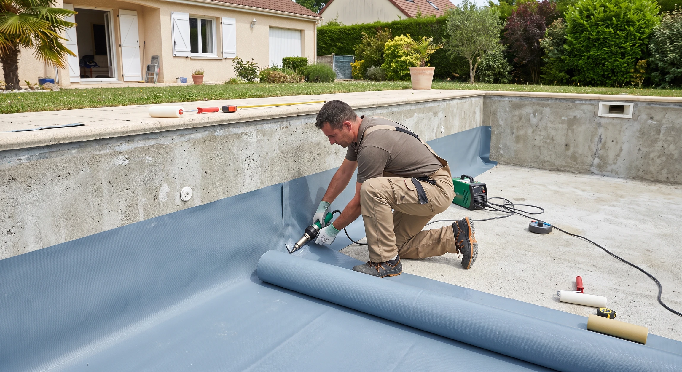 Technicien ou ouvrier en tenue de travail (combinaison, gants de protection) au cours du processus d'installation d'une membrane armée (liner PVC) dans une piscine vide. L'image montre la membrane en cours de pose, partiellement déployée sur les parois et le fond du bassin en béton, avec visible : les outils de soudure (thermosoudeuse), les fixations périphériques de la membrane, le contraste entre le béton nu et la membrane grise ou bleue tendue. L'arrière-plan révèle une piscine rectangulaire résidentielle en construction. La lumière naturelle est bien présente. L'image doit clairement communiquer l'étanchéité et la durabilité de cette technique professionnelle sans texte ni logo.
