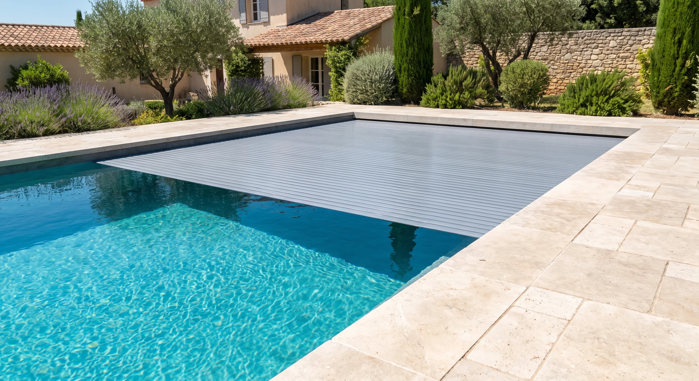 Piscine extérieure rectangulaire avec volet roulant immergé en position partiellement déployé, révélant le bassin aux eaux turquoise cristallines. Le volet immergé (système à lames en polycarbonate ou PVC rigide gris/blanc) émerge légèrement du niveau de l'eau sur toute la largeur du bassin, intégré de manière invisible dans une niche encastrée en bordure de piscine. La transition bassin-plage est parfaitement continue et harmonieuse grâce à la technique de drapage. Margelles en pierre naturelle, plage en dallage ou bois. Environnement résidentiel ensoleillé, végétation méditerranéenne en arrière-plan. Photo réelle de qualité professionnelle, lumière naturelle, reflets nets sur l'eau.