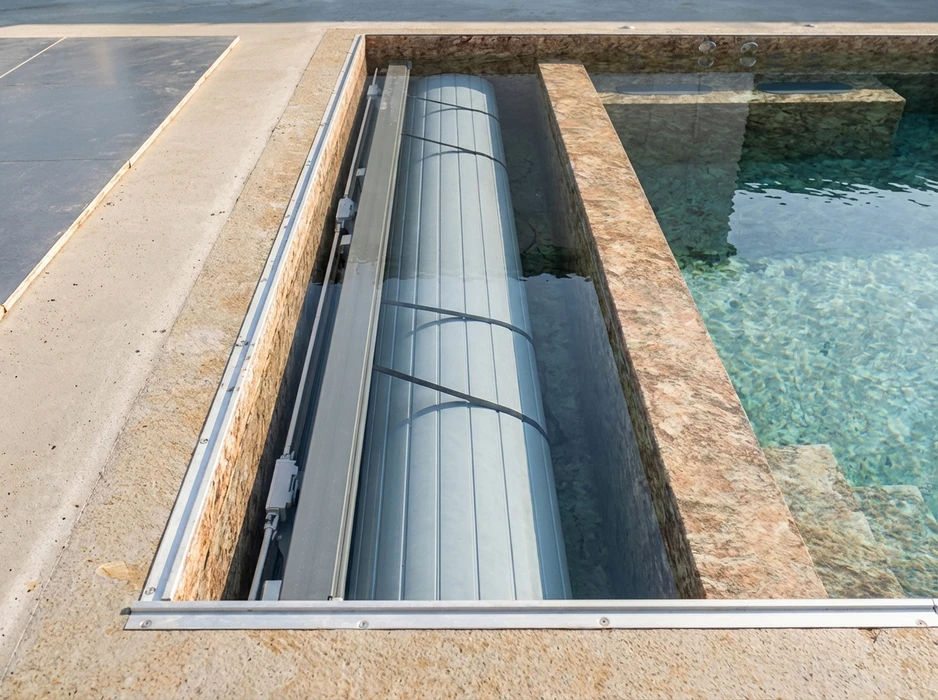 Piscine extérieure avec margelles en pierre naturelle dorée