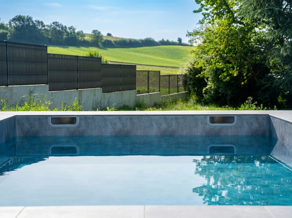 Piscine extérieure rectangulaire à débordement, liner gris anthracite texturé effet béton ciré