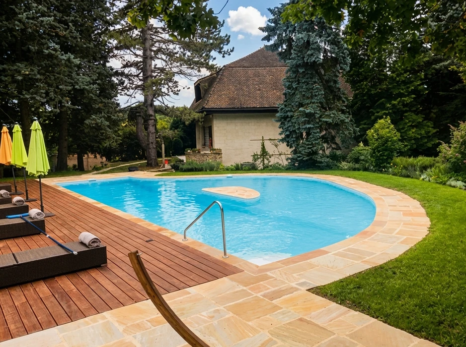 Piscine extérieure en cours d'ouverture, vue en plongée