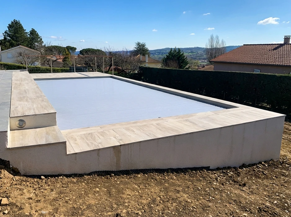 Piscine rectangulaire extérieure aux eaux turquoise cristallines, entourée d'un jardin méditerranéen avec palmiers et végétation luxuriante