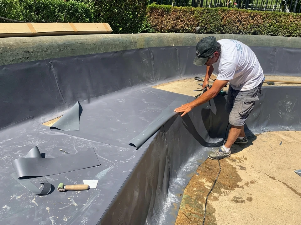 Un technicien en combinaison bleue nettoie une piscine extérieure avec une épuisette à manche télescopique