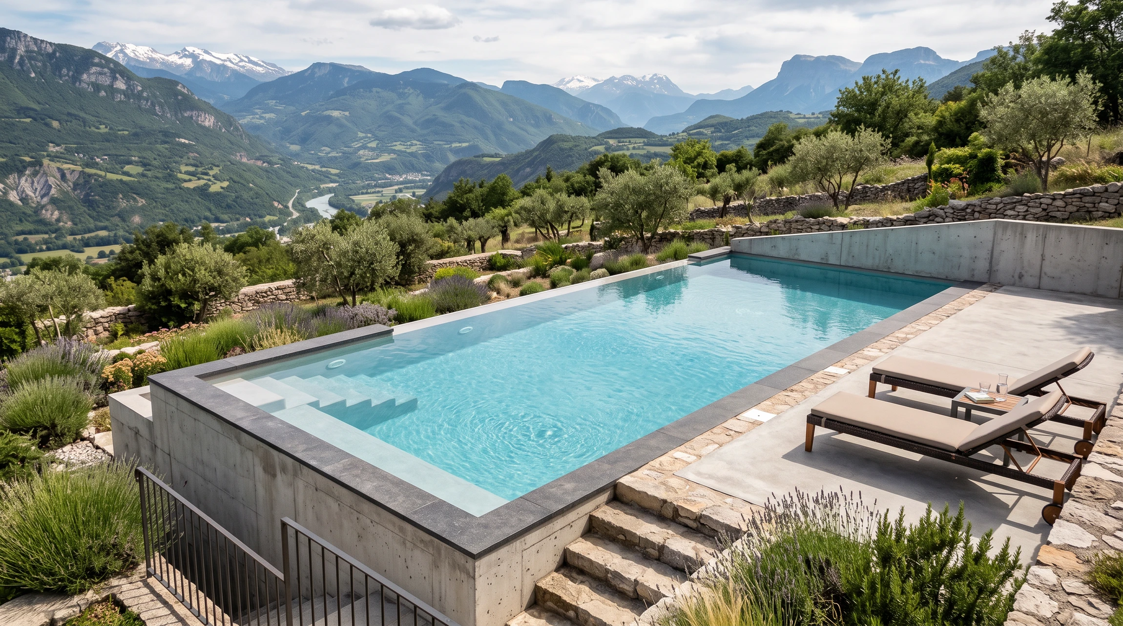 Chantier de construction d'une piscine enterrée en béton, vue aérienne