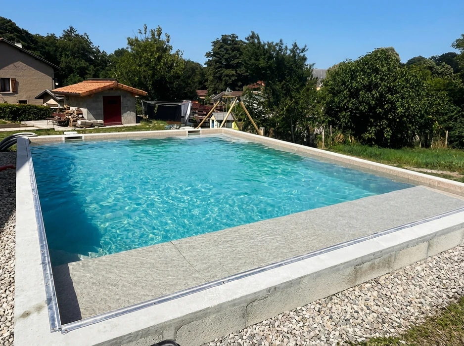 Chantier de construction d'une piscine extérieure en béton banché, structure rectangulaire avec escalier d'angle intégré