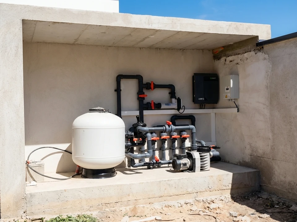 Coffret technique de piscine enterré, vue plongeante