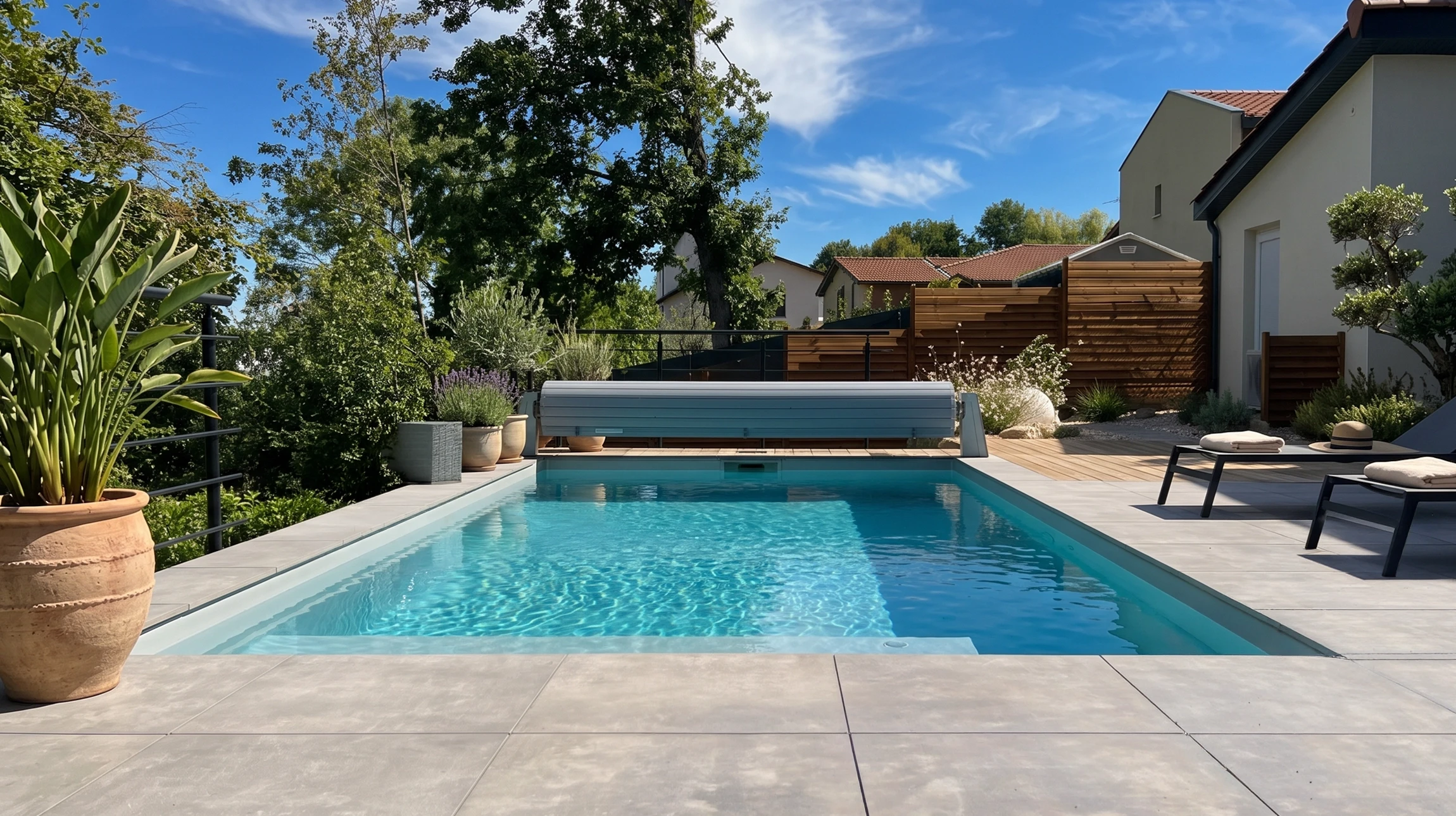 Piscine extérieure rectangulaire rénovée avec un liner gris anthracite récemment installé, eau turquoise cristalline remplie à ras bord. La piscine montre des signes de modernisation : escalier intégré aux lignes nettes, margelles en pierre naturelle grise de qualité, buses de refoulement et skimmer encastrés discrètement. La terrasse environnante en béton désactivé est fraîchement aménagée. Le bassin apparaît plus spacieux et contemporain que l'existant, illustrant un agrandissement réussi. Environnement résidentiel sans personnage visible. Lumière naturelle estivale, ciel dégagé, reflets nets sur l'eau traitée.
