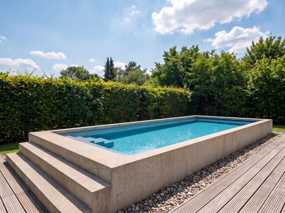 Piscine extérieure rectangulaire à débordement, liner gris anthracite texturé effet béton ciré